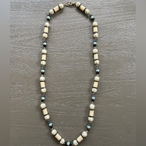 J. Crew 16” Drop Cream, Black & Blue Beaded Necklace with Brushed Goldtone Clasp